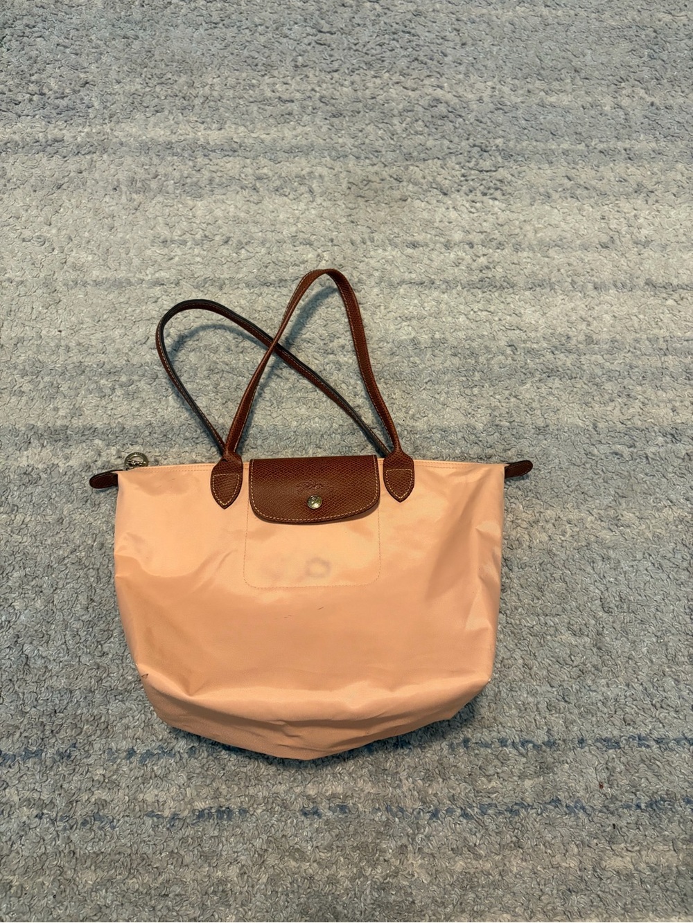 Longchamp Le Pliage Pink Nylon Shoulder Tote Bag Brown Leather France⁠